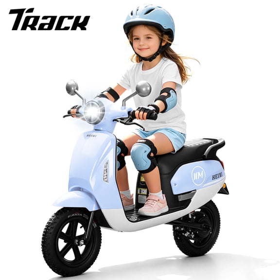 Track Seven 24V Ride-on Moped Scooter, Kids Electric Motorcycle for Boys Girls Ages 8-12, 250W Brushless Motor, 10 Mph Max Speed, Twist Throttle, 12" Pneumatic Tires, Bluetooth, LED Light, Blue