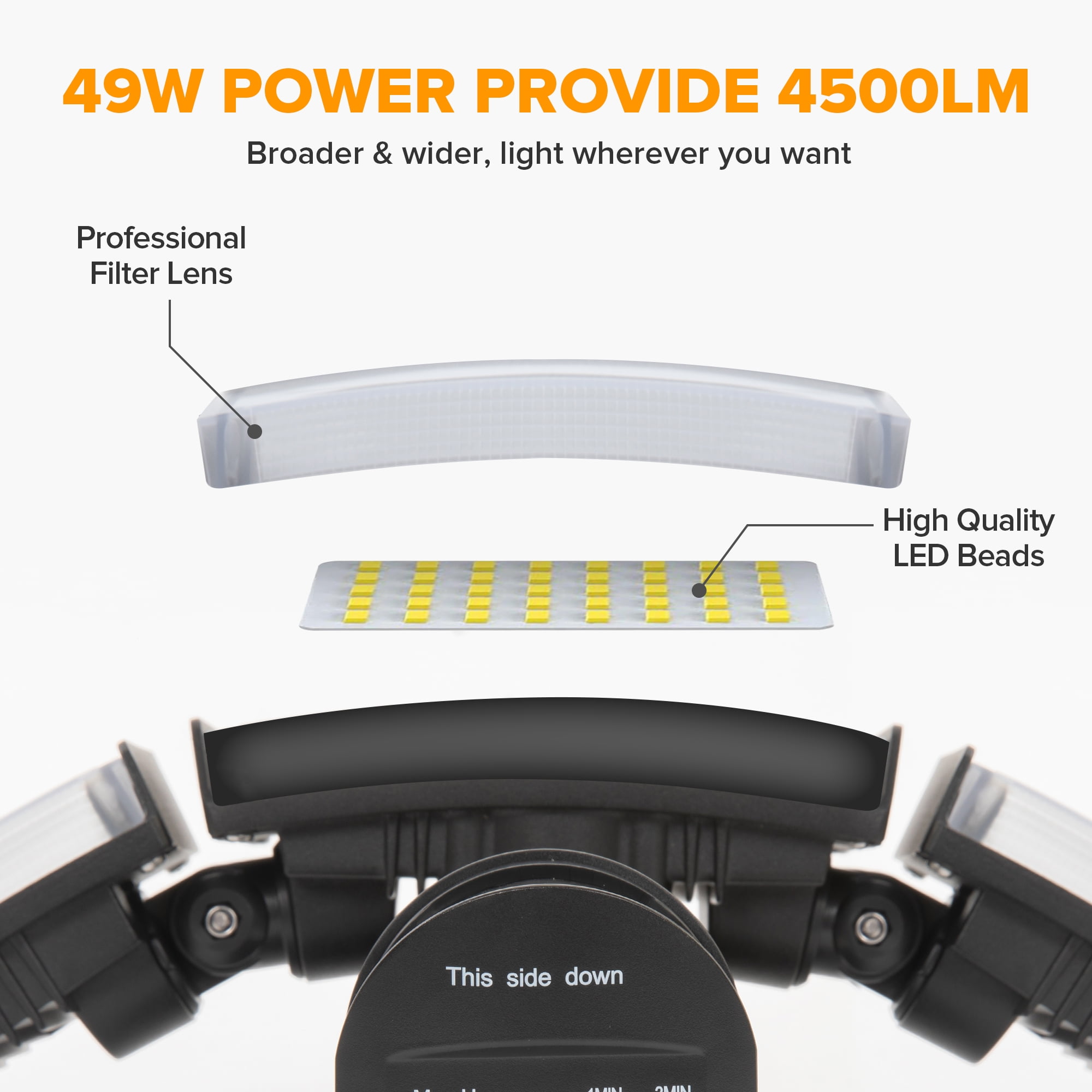 UME 4500LM LED Security Lights Motion Sensor Light Outdoor, 5000K Daylight, IP65 Waterproof, Dusk to Dawn, 3 Head Motion Detected Flood Light for Garage, Yard, Porch (Black)