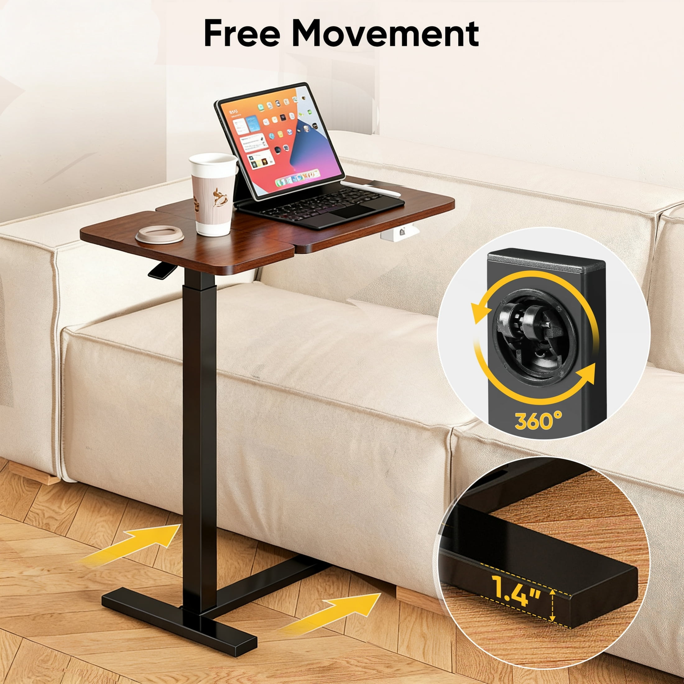 ZUNMOS Overbed Bedside Lap Desk with Wheels and Tilt Top, Mobile Standing Lap Desk Pneumatic Adjustable Height for Home Office Bedroom Sofa, Brown