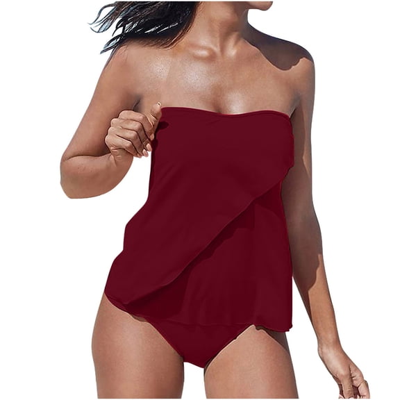 fheaev Strapless tankini Swimsuits Set for Women 2 Pc Bathing Suits Blouson Swim Top with Bikini Bottom Beachwear Womens Swimwear