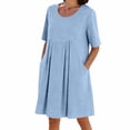 thumbnail image 3 of CFLVAEK Cotton Linen Dresses for Women with Pockets Casual Short Sleeve Pleated Dress Solid Scoop Neck Summer Midi Dresses Light Blue S, 3 of 9