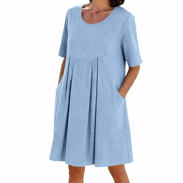 Dazajoo Robe Midi à Manches Courtes pour Femmes, Décontractée, Col Rond, Robe d'Été en Lin avec Poches, Unie, Détente, Bleu Clair, P