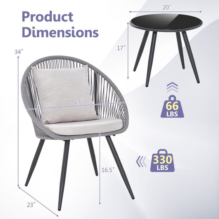 Aimee Lii 3 Pieces Patio Furniture Set with Seat and Back Cushions, Outdoor Patio Furniture Set, Gray
