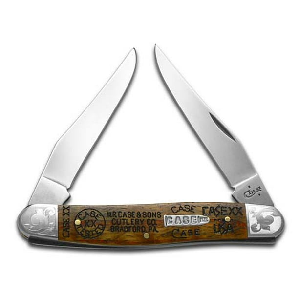 Case xx Tang Stamps Curly Oak Wood Scrolled Muskrat Stainless Pocket Knife Knives