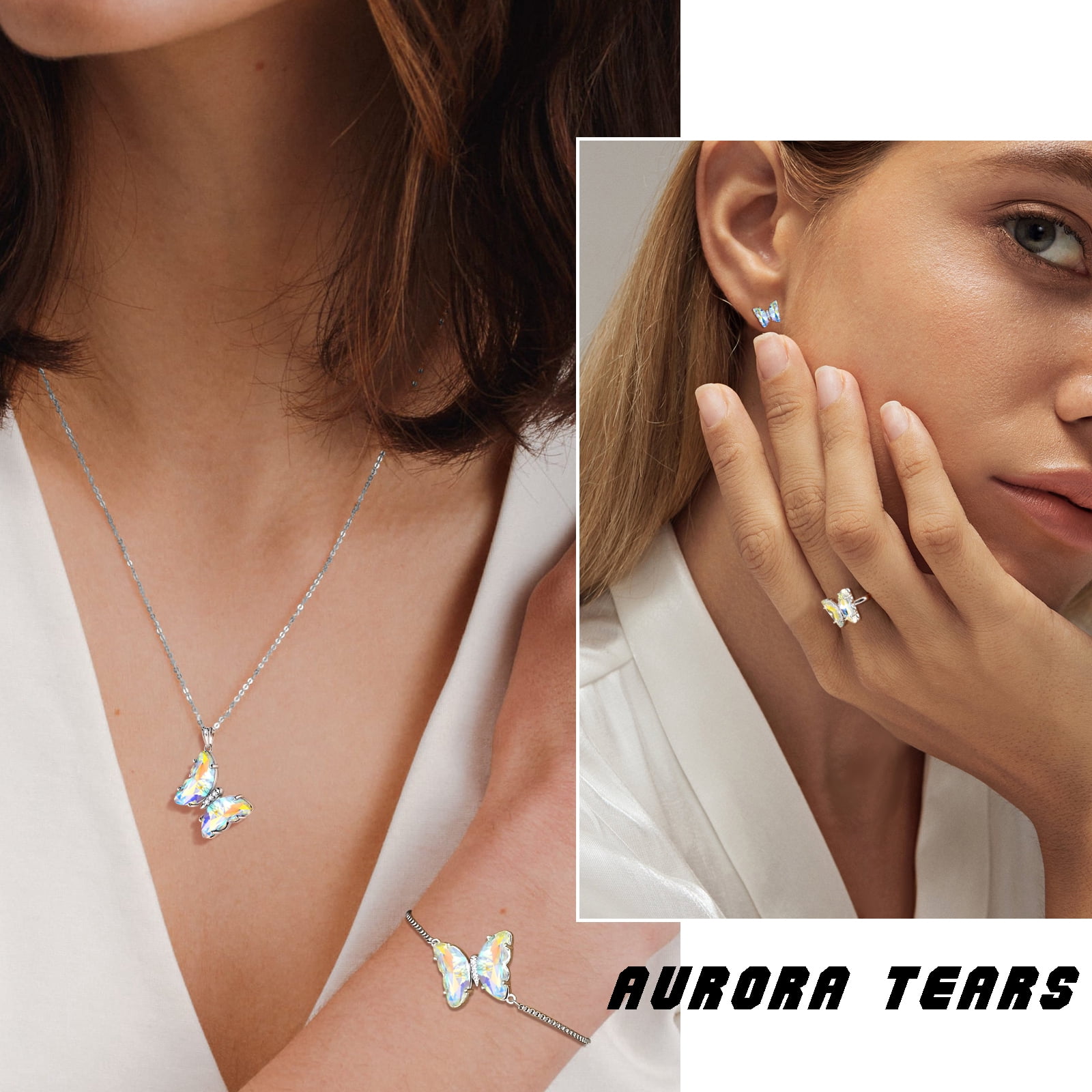 White Butterfly Jewelry Sets 5PCS, Necklace Earrings Bracelet Ring April Birthstone Jewelry Set Crystal Sterling Silver Women Birthday Mother's Day Gifts