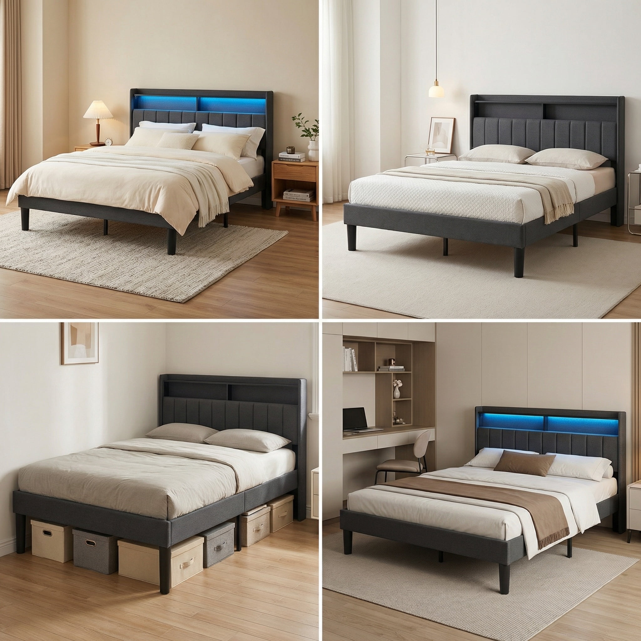 Lofka Queen Size Bed Frame with Lighted Storage Headboard for Bedroom, Dark Gray Finish