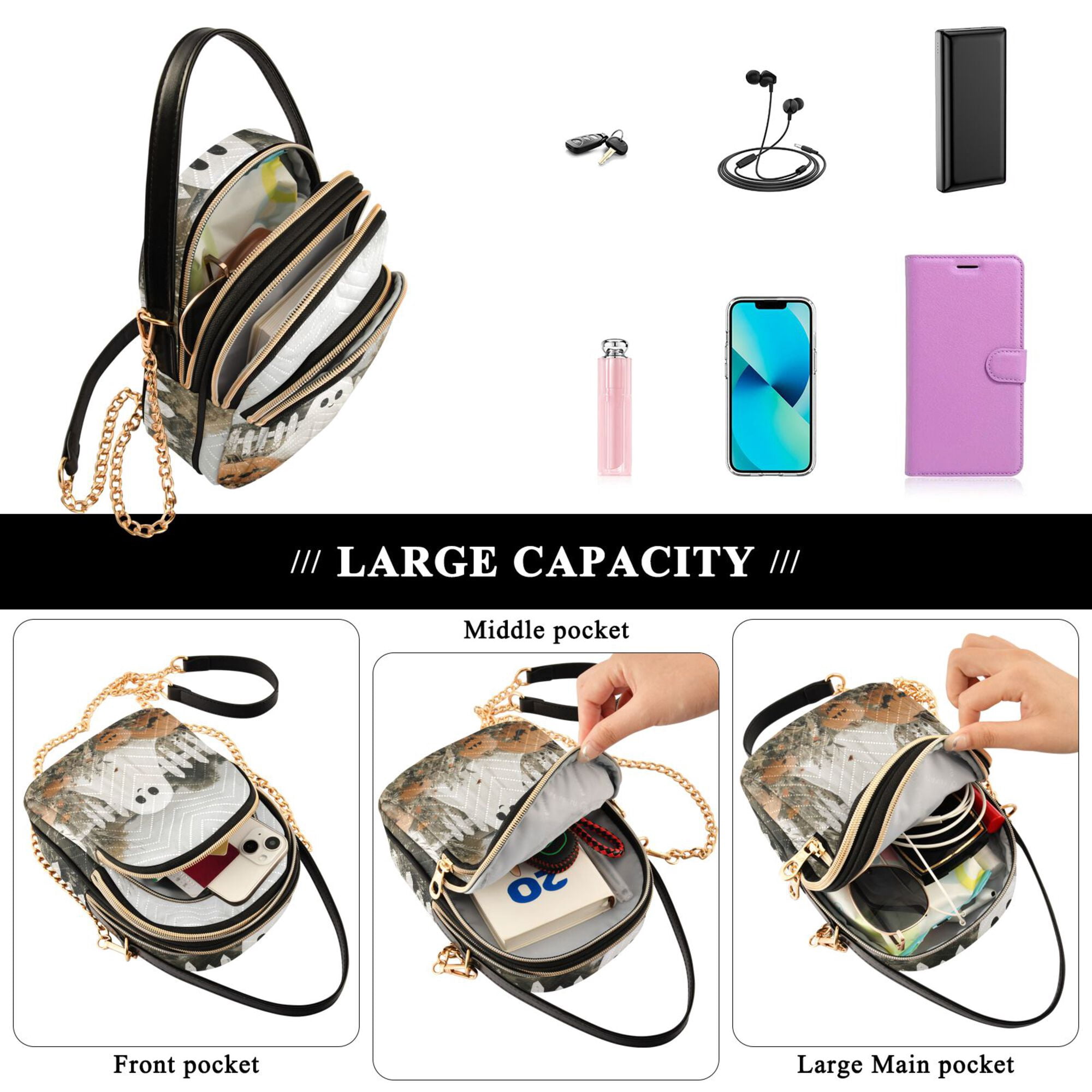 FORMRS Crossbody Bag for Women Quilted Travel Shoulder Cell Phone Purse with Chain Strap Handbag, Halloween Pumpkin Field