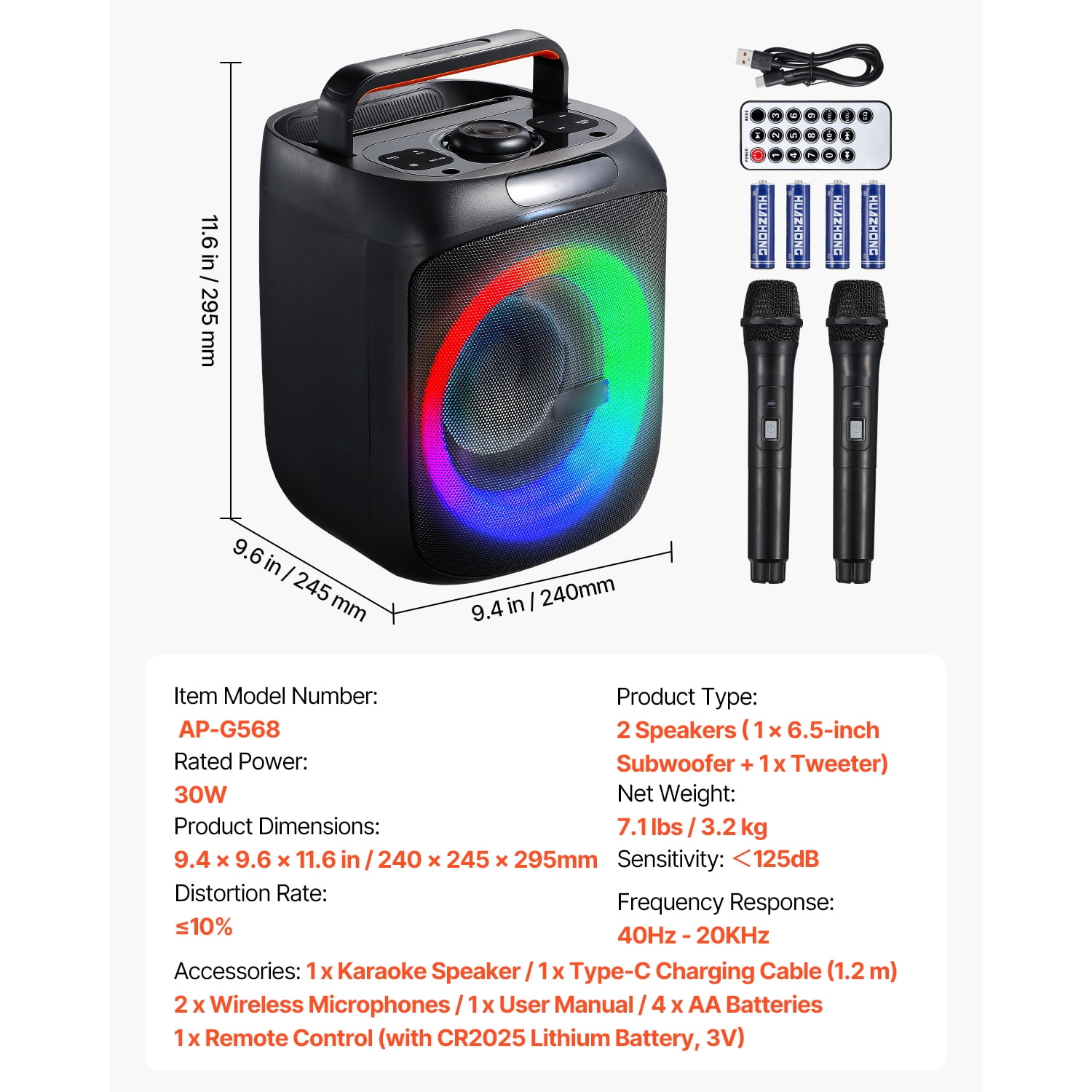 KFFKFF Portable Karaoke Machine for Adults, 30W Speaker with 6.5-inch Bluetooth Connectivity, Includes 2 Wireless Microphones, LED Lighting, TWS Capability, Handle, Supports Micro TF Card, USB