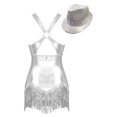 thumbnail image 2 of Kaerm Womens Shiny Jazz Latin Dance Costume Sparkly Tassel Dance Leotard Bodysuit with Sequined Hat Silver S, 2 of 7