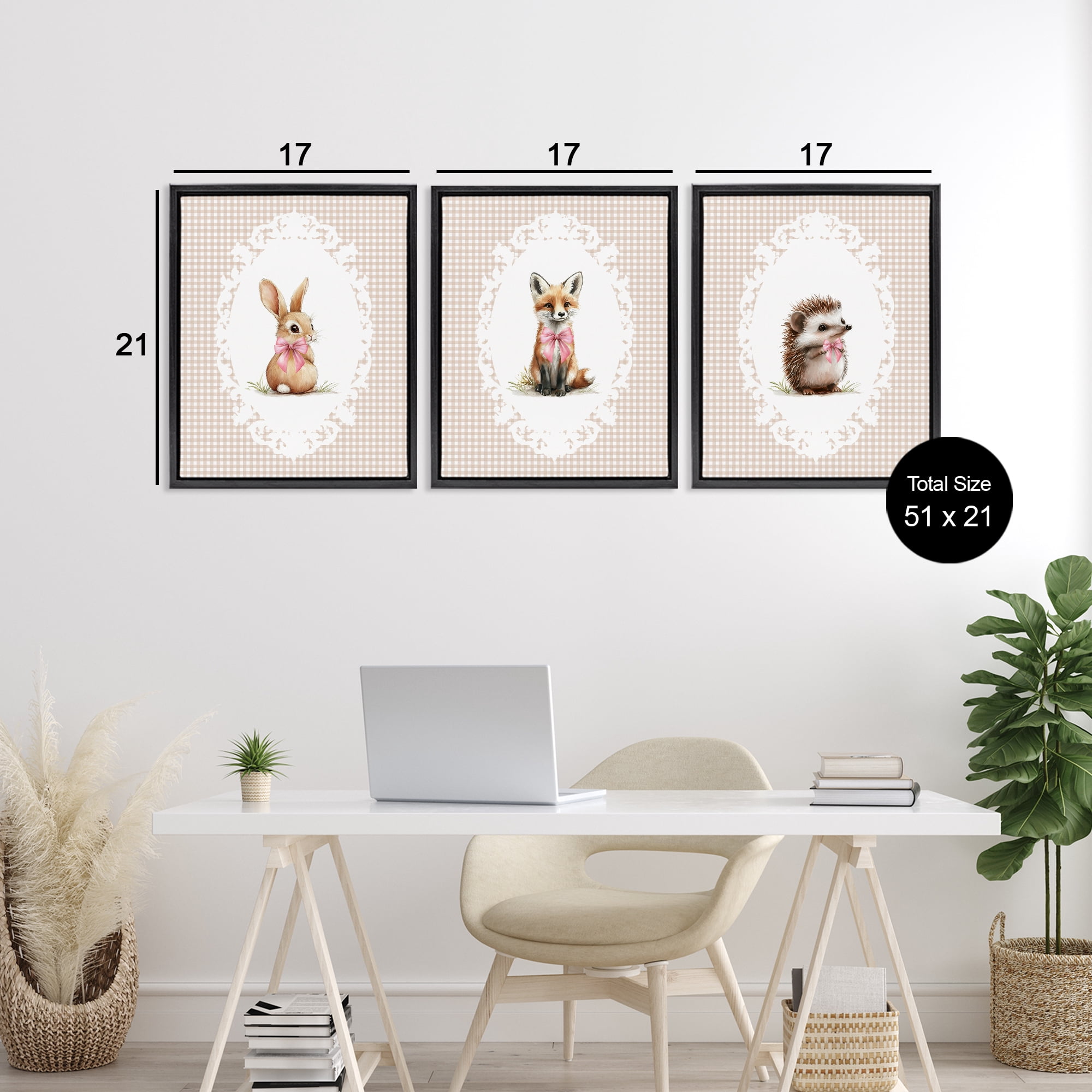 Stupell Industries Vintage Baby Bow Animals 3 Piece Black Framed Floater Canvas Set, design by Christine Simpson Art