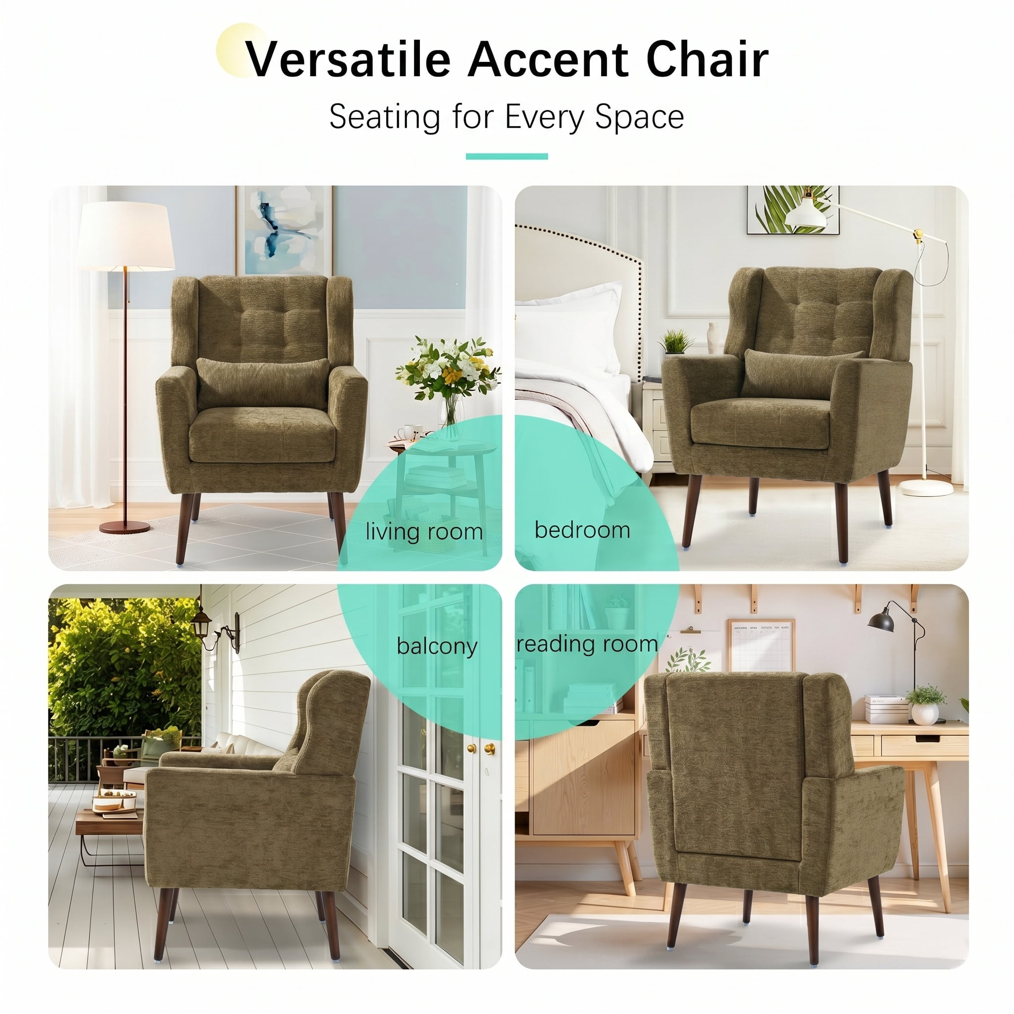 AISWORD Modern Accent Chair, Upholstered Armchair with Pillow, Fabric Single Sofa Chair with Lounge Seat and Wood Legs Accent Chair for Living Room Bedroom Small Spaces, Olive Green