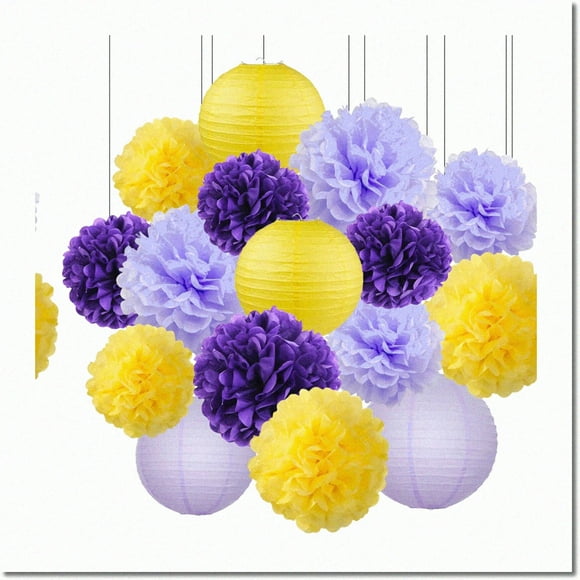 Fluttering Festivities: 2023 Graduation, Bridal & Baby Shower Decorations - Purple, Lavender & Yellow Tissue Pom Poms, Paper Lanterns & Birthday Decor