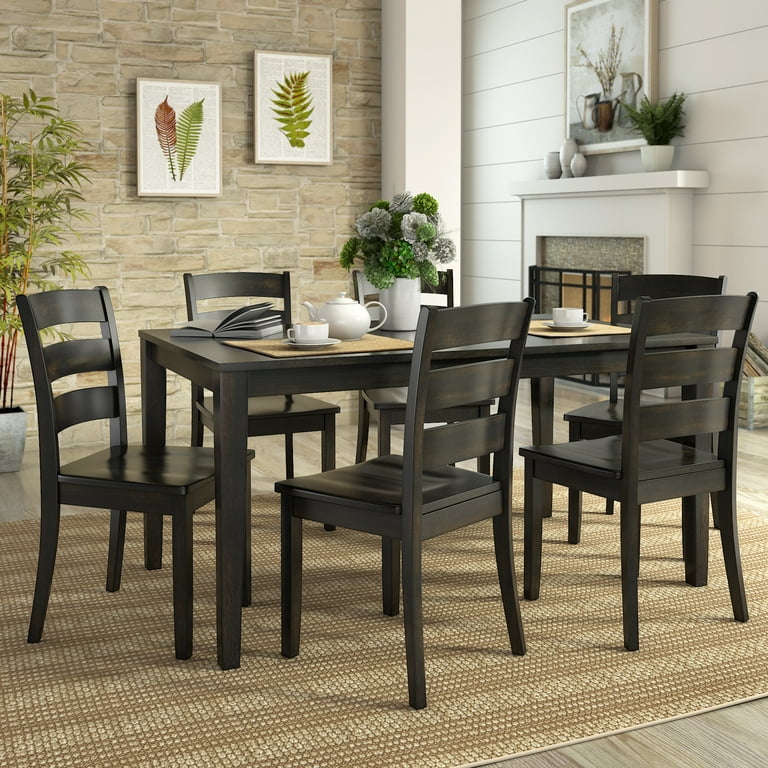 Lexington Large Wood Dining Set with 6 Ladder Back Chairs Black