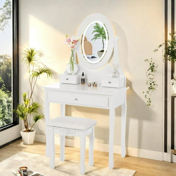 Tocador Estilo Campestre con Espejo y Luces LED, Mesa de Maquillaje Moderna con Taburete Acolchado y 3 Cajones, Ideal para Dormitorio Juvenil