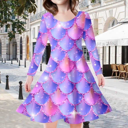 JUoaLXG Toddler Girls Casual Dresses Summer Children S Fish Scale Print Sparkling Pretty Sequin Fashion Slim Fit Dress Streetwear Purple 8-9 Years