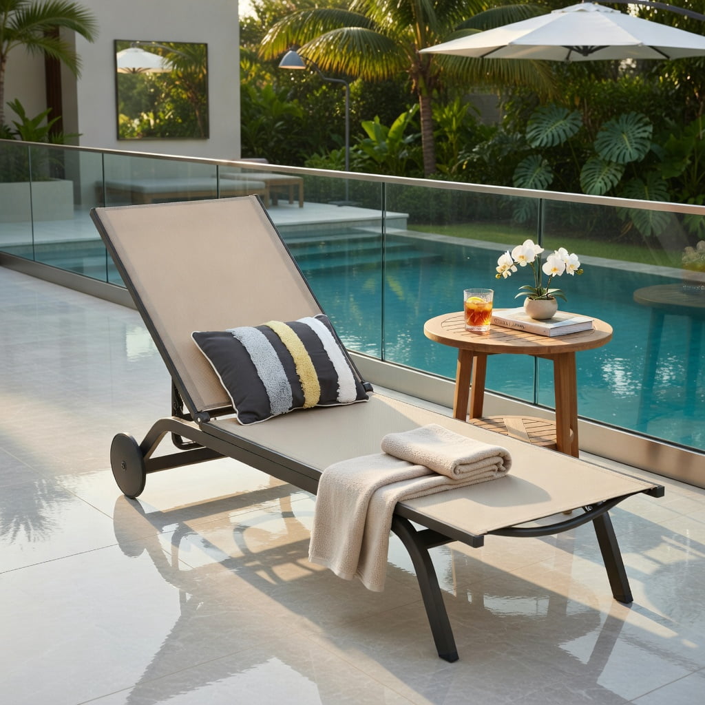 Hommoo Adjustable Aluminum Outdoor Lounge Chair, Breathable Fabric Recliner for Patio, Poolside & Backyard, Brown