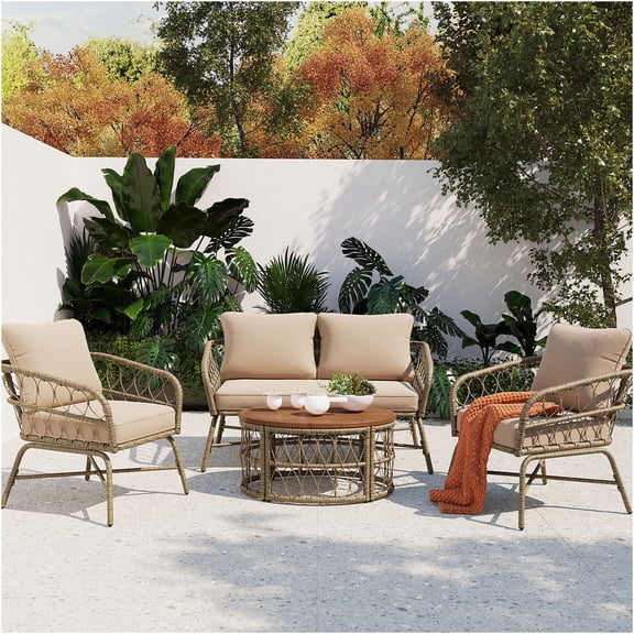 JERFIT 4-Piece Patio Set with Cushions, PE Wicker Outdoor Conversation Set for 4 Person, Beige Acacia Wood Table, All-Weather Garden Sofa Seating Group