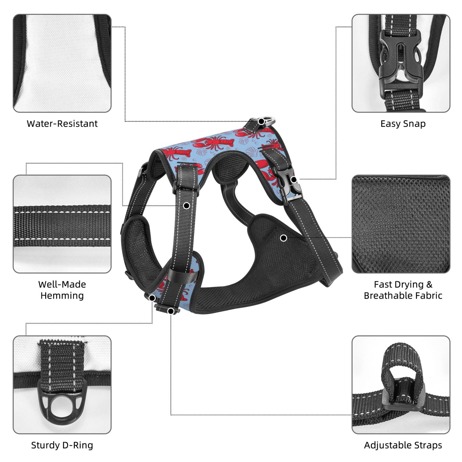 Fuzoiu Cartoon Lobsters 2 Print Reflective Dog Harness,Adjustable, Breathable Pet Vest,Dog Harness No Pull,No Choke Pet Vest for Small, Medium, and Large Dogs-Small