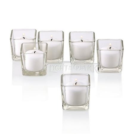 Clear Square Glass Holder - Clear Glass Square Votive Candle Holders With White Votive Candles Burn 10 Hours Set Of 12