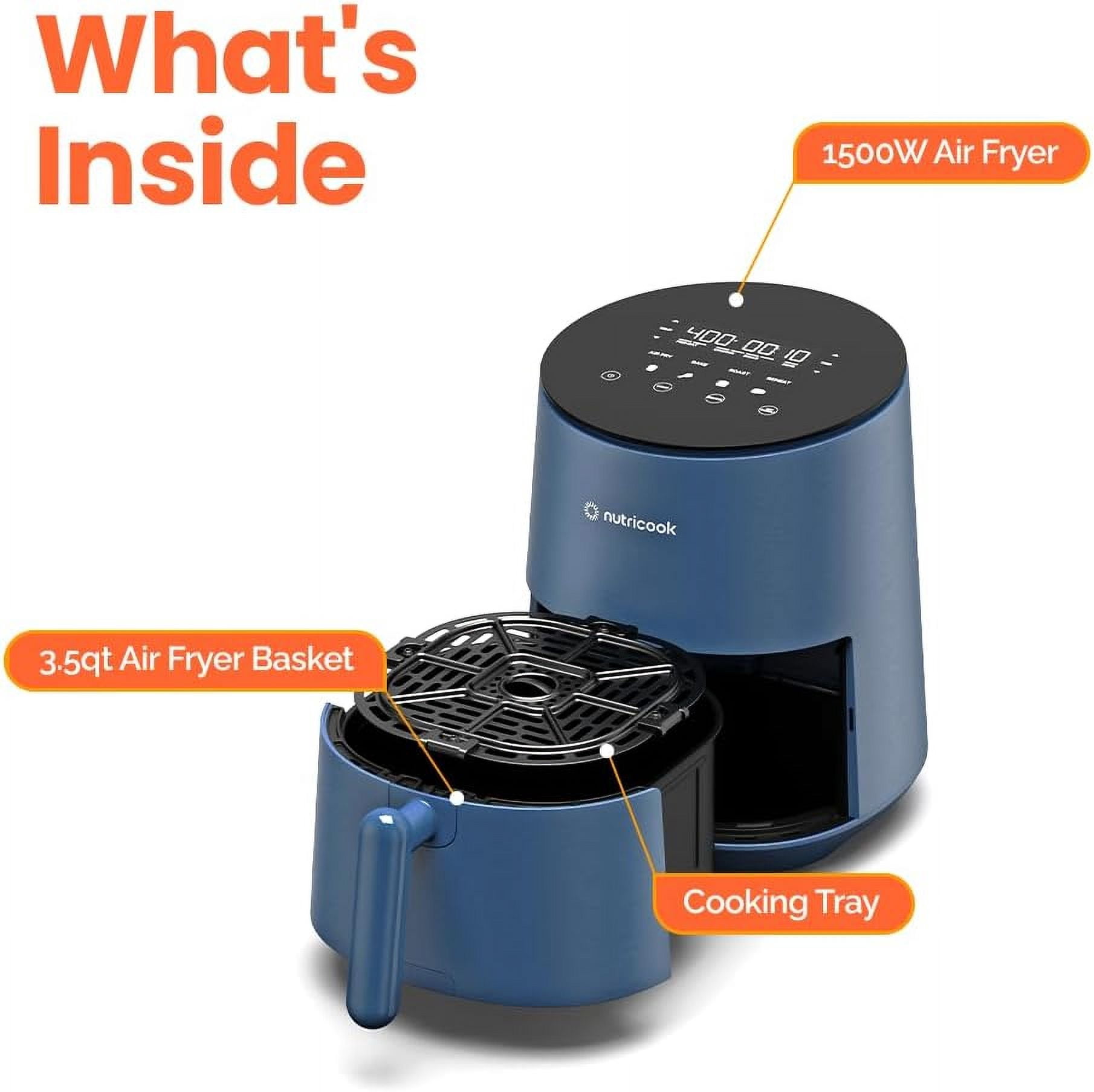 3.5qt Mini Air Fryer with Tempered Glass, 8 Preset Functions, Non-Stick, Dishwasher Safe, Blue