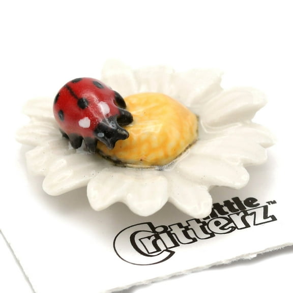 Little Critterz Ladybirds or Ladybug on Flower "Daisy" - Handcrafted Decorative Figurine Birthday Gift - Miniature Porcelain Figurine