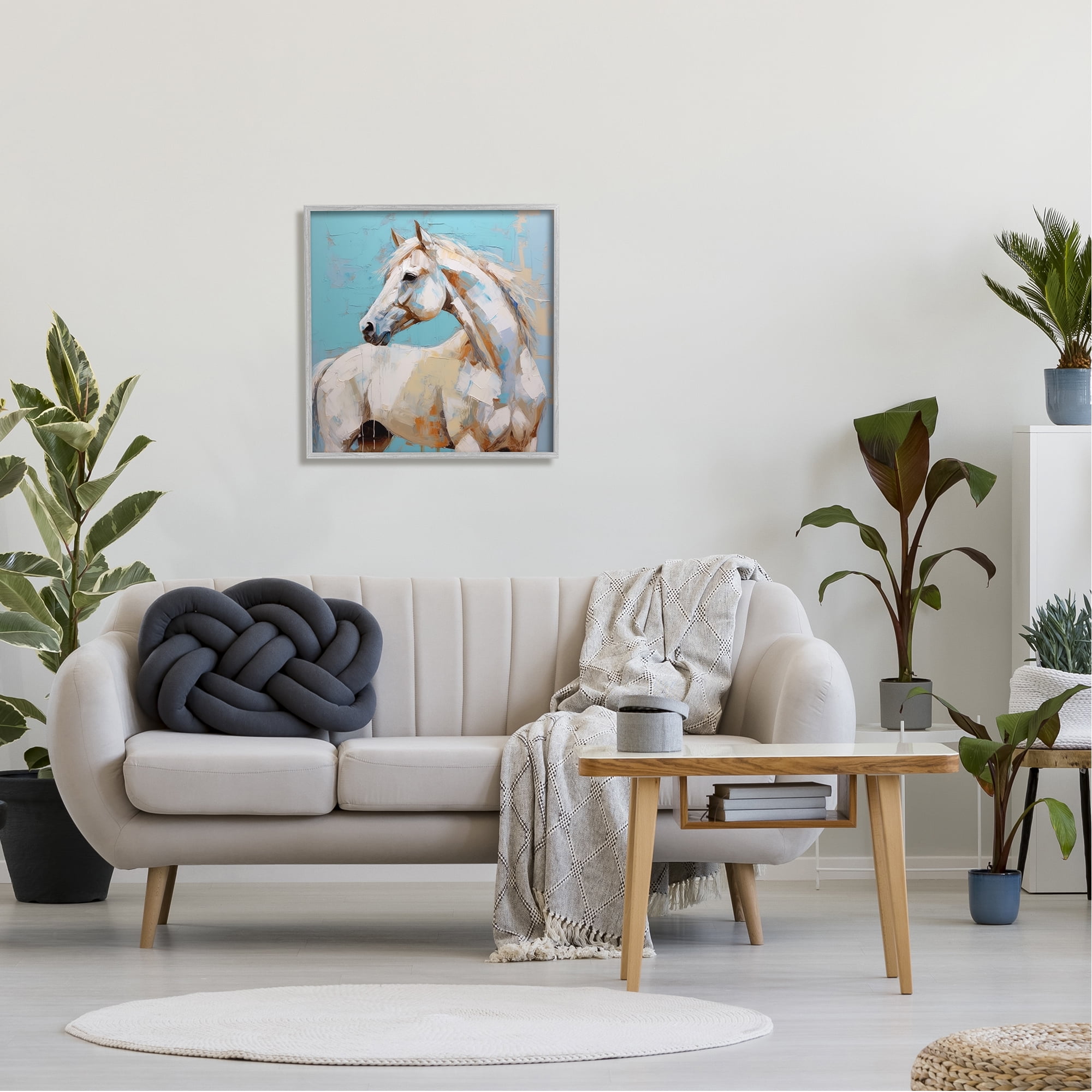 Stupell Industries Modern Horse on Blue Animals & Insects Painting Gray Framed Art Print Wall Art, 24 x 24