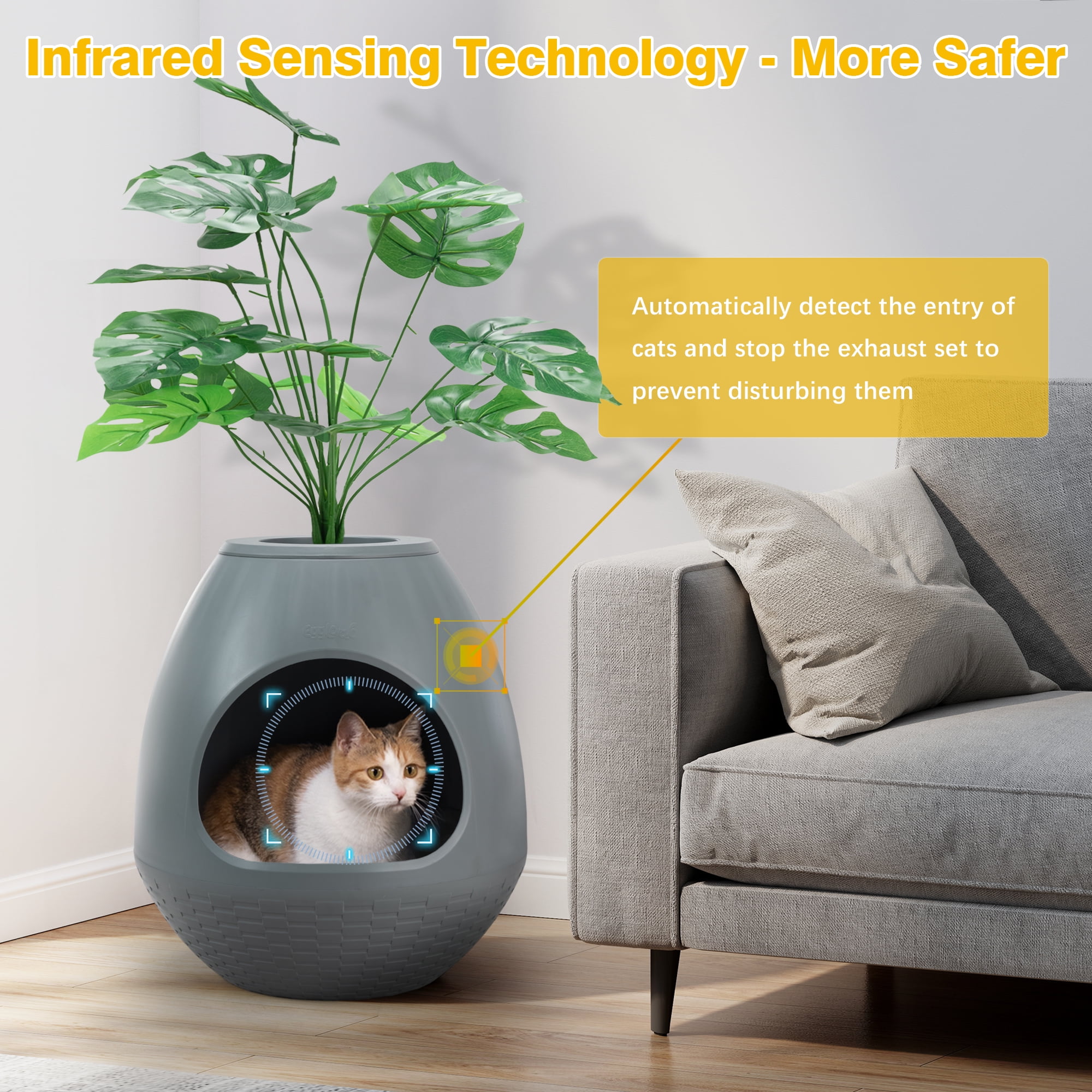 Jaxpety Smart Plant Cat Litter Box,Hidden Cat Litter Box with Deodorization System, Exhaust Fan,Light, Scoop, Artificial Plants for Apartments and Offices Living Room Bedroom