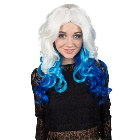 Adult Women's White Color With Blue Tips Wavy Medium Length Trendy Wig