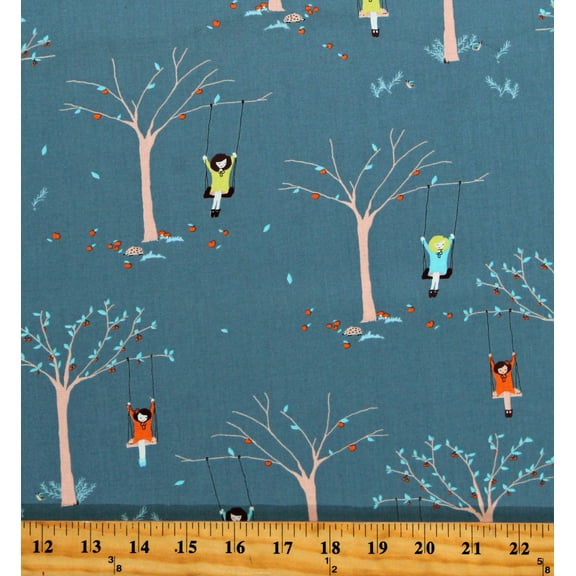 Cotton Kids Swinging Children Playing on Swings Apple Trees Fall Autumn Pips Aneela Hoey Blue Cotton Fabric Print by the Yard (24590-15)