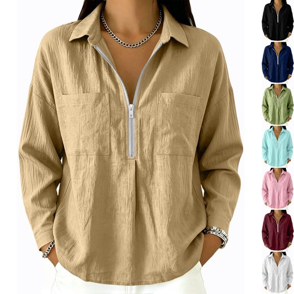 Womens Textured Golf Shirts Long Sleeve Half Zip Collared V Neck Loose Fit Sweatshirt Pullover with Chest Pockets for Business Casual Work Office, Khaki, XL