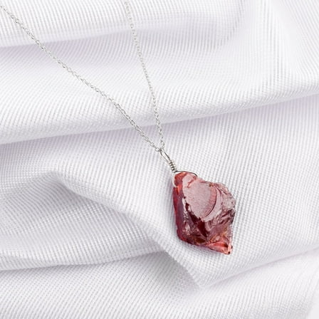 Natural Raw Malaya Garnet Rough Gemstone Dainty Pendant Necklace for Women, Healing Crystals, Handmade Jewelry, Rhodium Plated 925 Sterling Silver Chain 20 inch, Birthday Gift "Good Luck Stone"
