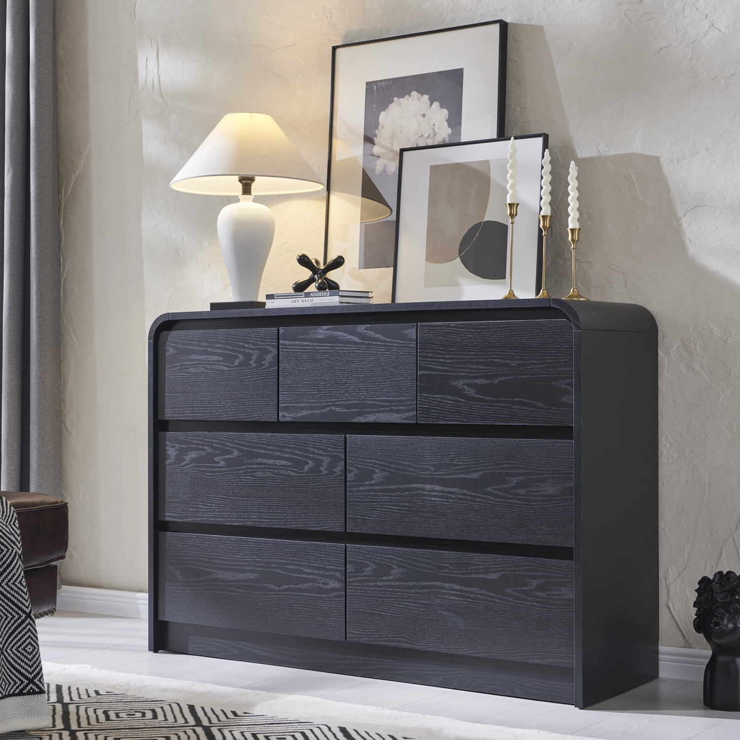wow97e Modern Dressers for Bedroom, 47" Wide Wooden 7 Drawers & Chests of Drawers w/Curved Profile Design, Mid Century Vertical Dresser w/Natural Texture for Bedroom, Living Room