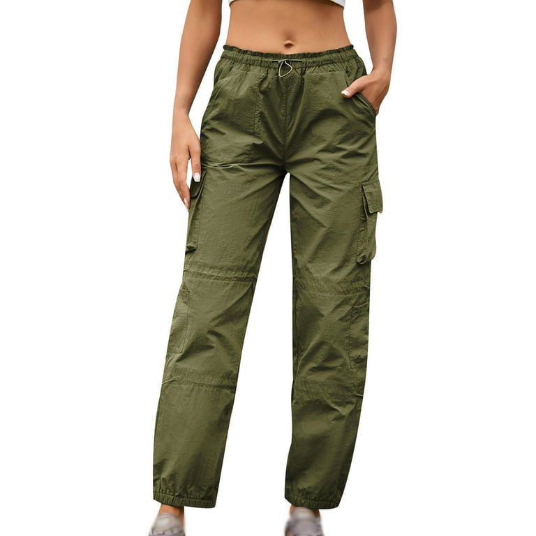 Womens Cargo Pants, Parachute Pants for Women High Waist Multi Pockets  Elastic Drawstring Wide Leg Joggers Pant (Medium, Army Green)