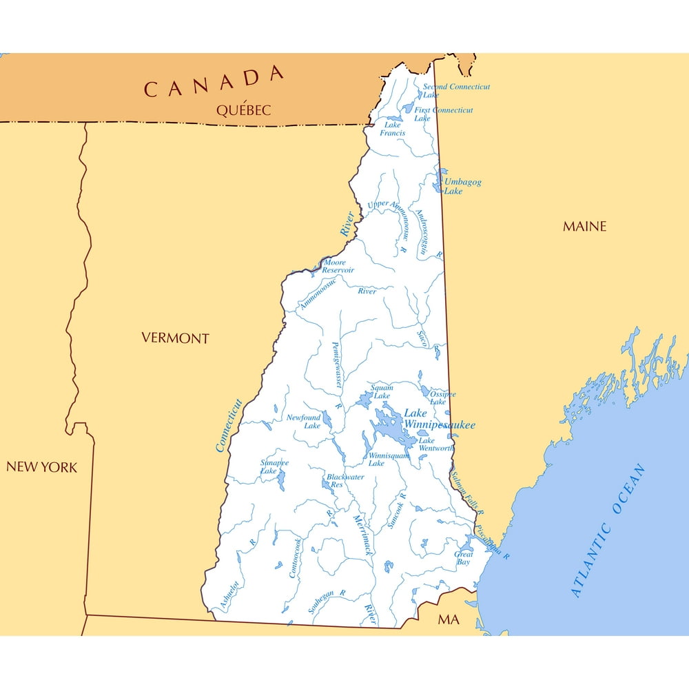 Laminated Map - Large rivers and lakes map of New Hampshire state