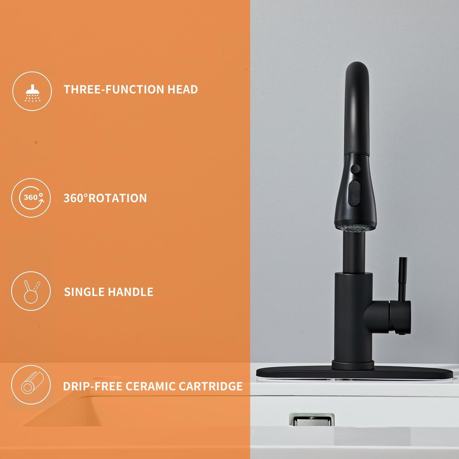 Tmdioo Black Kitchen Faucets, Waterfall Kitchen Sink Faucet, Commercial Utility Stainless Steel Kitchen Faucets,Single Handle Kitchen Sink Faucet for 3 Function