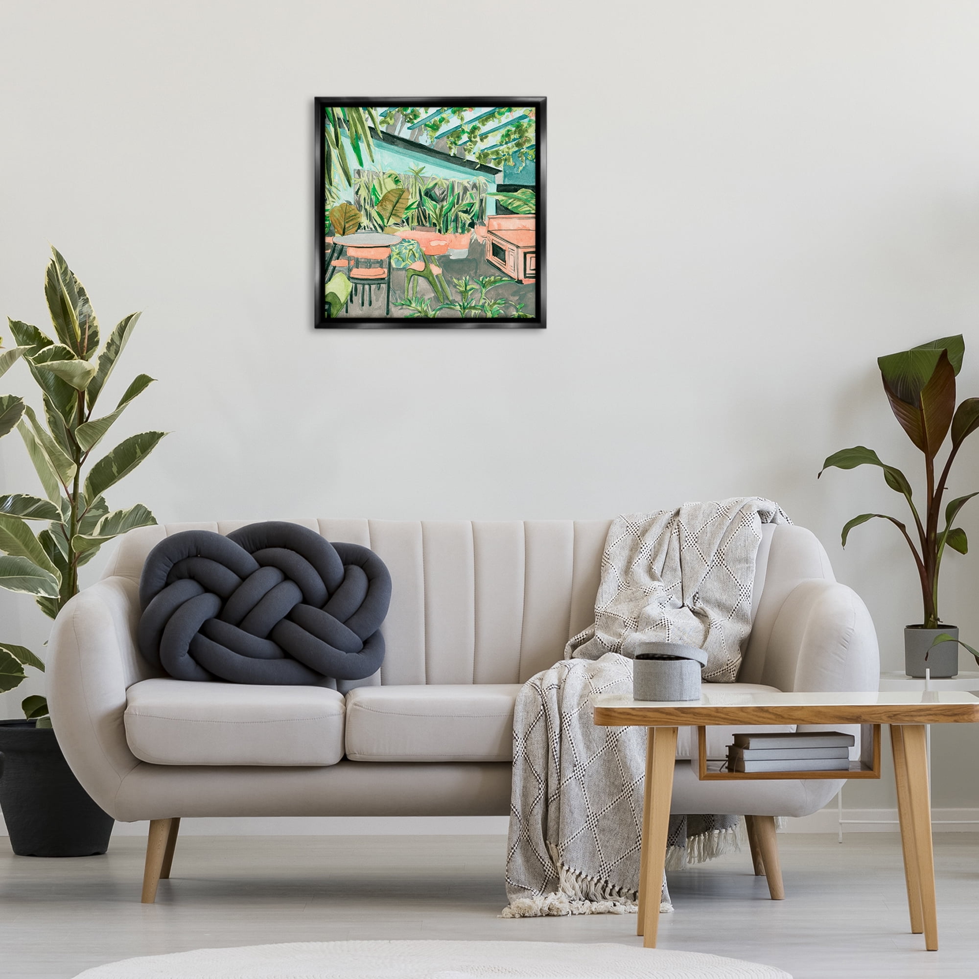 Stupell Industries Greenhouse Plants Café Furniture Painting Black Floater Framed Canvas Art Print Wall Art, 25 x 25