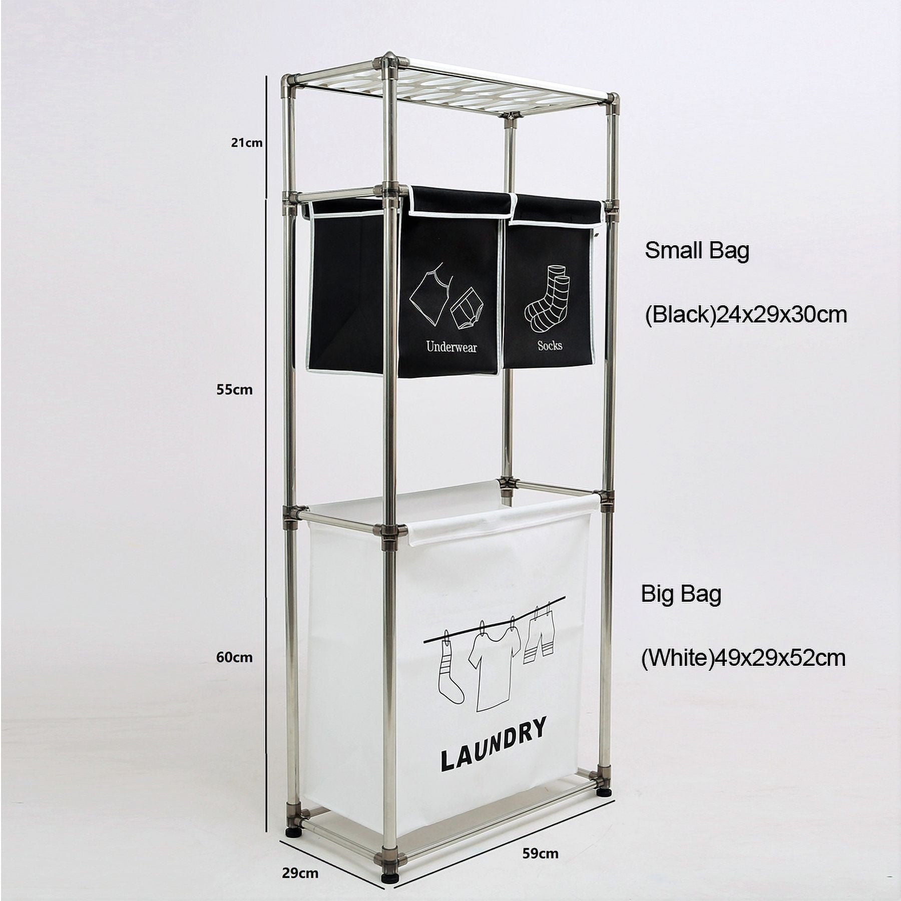 3 Tier Rolling Laundry Sorter with 4 Removable Bags, Wheels and Hooks, Fabric Hamper for Organizing Lights Darks, Waterproof MDF Board, Black White