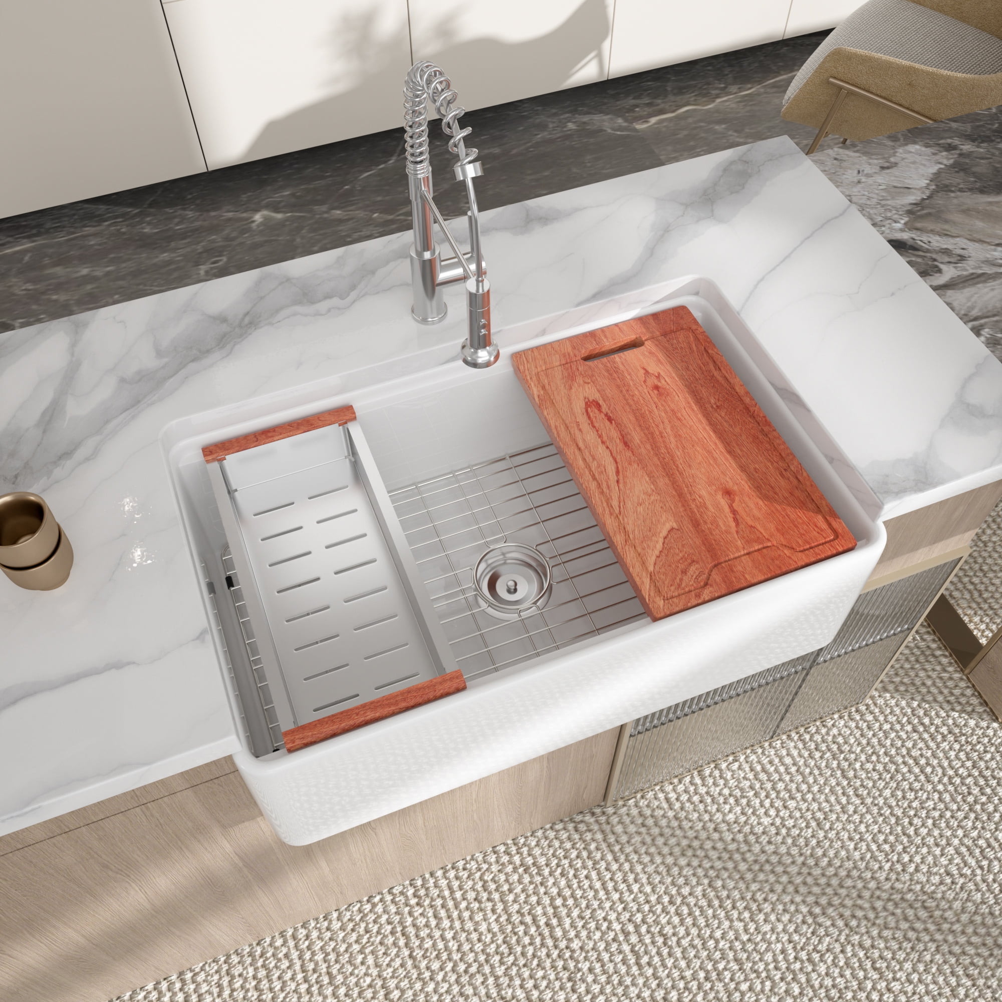 LOGMEY 33"x20" White Ceramic Farmhouse Workstation Kitchen Sink - Single Bowl, 3.5" Drain, Accessories Included (Cutting Board, Colander, Drying Rack)