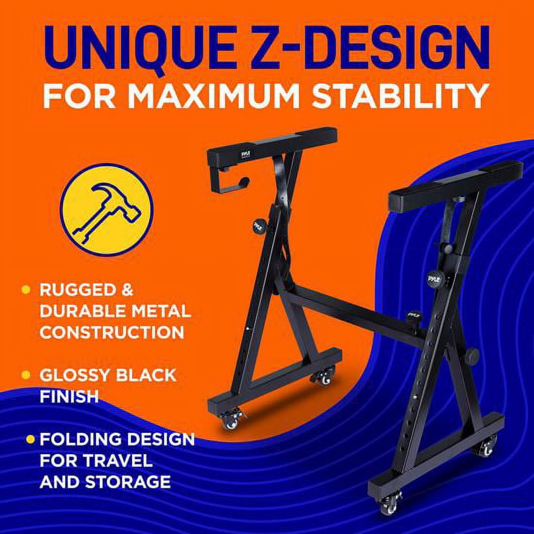 Pyle Universal Electronic Piano, Black Heavy-Duty Z Style Keyboard Stand with Locking Wheels, Adjustable Height and Width, Portable Organ Holder Rack, Collapsible Design (PKSTZ88)