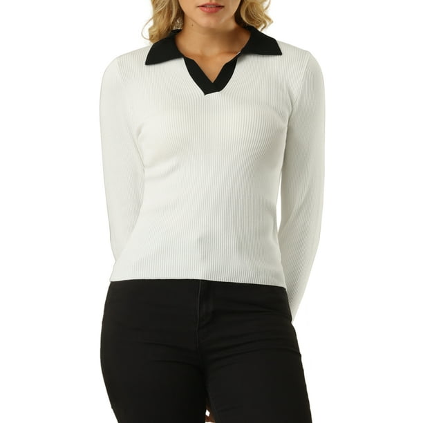 Suéter de polo de manga larga de color contrastante con cuello en V ajustado para mujeres INSPIRE CHIC M Blanco