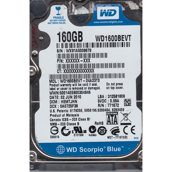 WD1600BEVT-24A23T0, DCM HEMTJHN, Western Digital 160GB SATA 2.5 Hard Drive