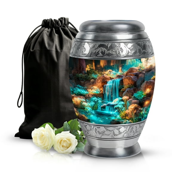 SABURIAL Waterfall Urn - Cremation Urn Human - 10 Inch - Large With Velvet Bag - Adult Large Urns For Male & Female - Funeral Urns For Men & Women - Ash Burials For Human Ashes