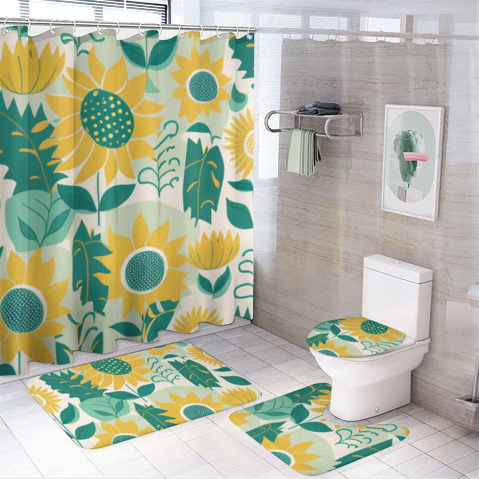 Green Fresh Flower Shower Curtain Set, Bathroom Four Piece Set Green