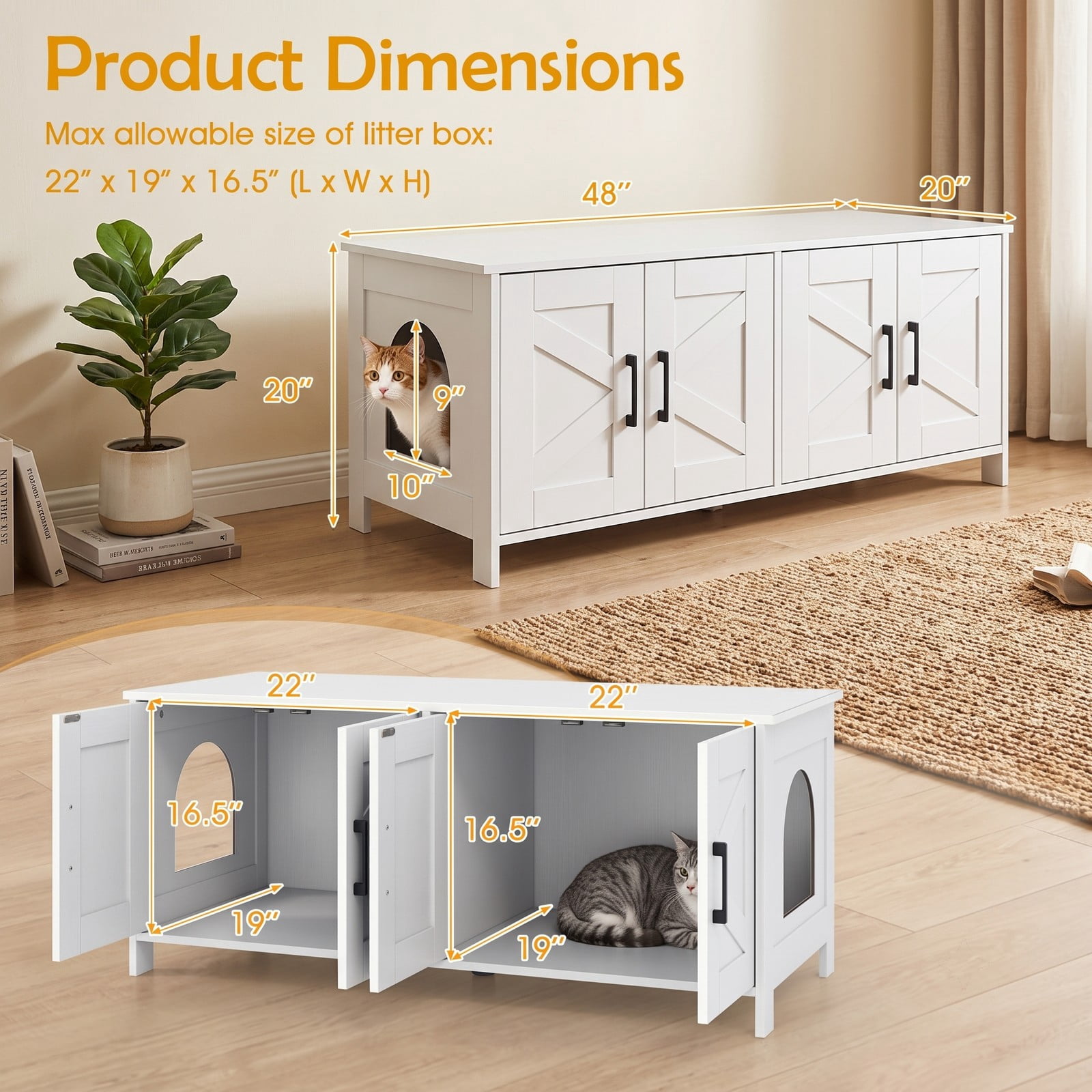ALPULON Cat Litter Box Enclosure for 2 Cats Modern Kitty Litter Box Furniture Cabinet Hidden Washroom Side Table with Barn Doors and Tabletop, White