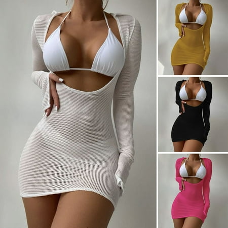 Pink Season 3 Pcs/Set Bikini Set Cover Up Set Solid Color Three-point Long Sleeves Low-cut Skinny Swimming Elastic See-through Lady Beach Swimsuit Water Activity Clothes