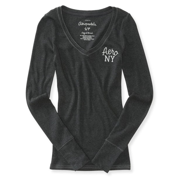 Aeropostale - Camiseta térmica con cuello en V para mujer, color gris, pequeña Aeropostale Camiseta adornada