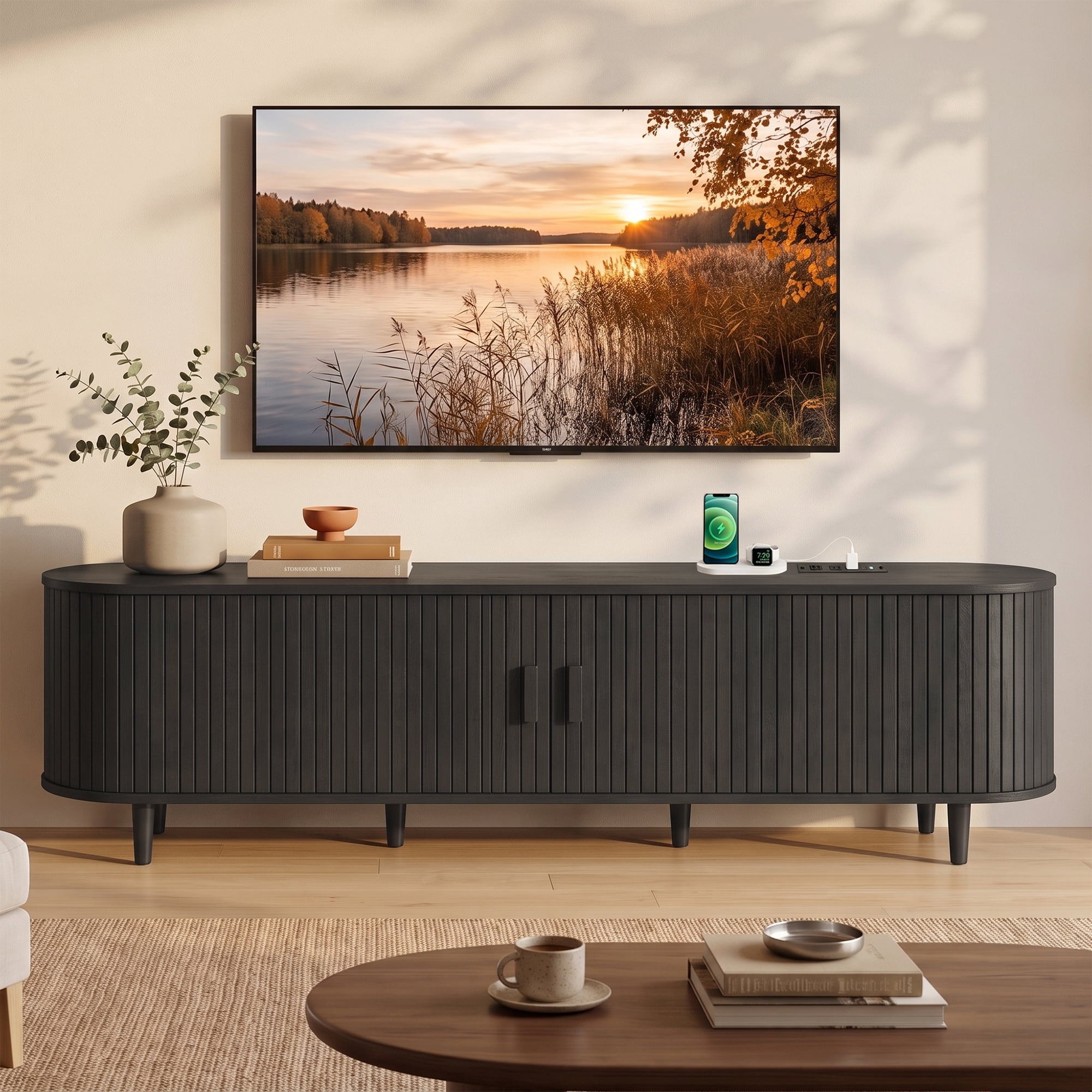 Easoger 70" Sliding Door TV Stand with Charging Station, Fluted Vertical Grille Wood Entertainment Center, Curved Oval Shape Storage Cabinet,Black
