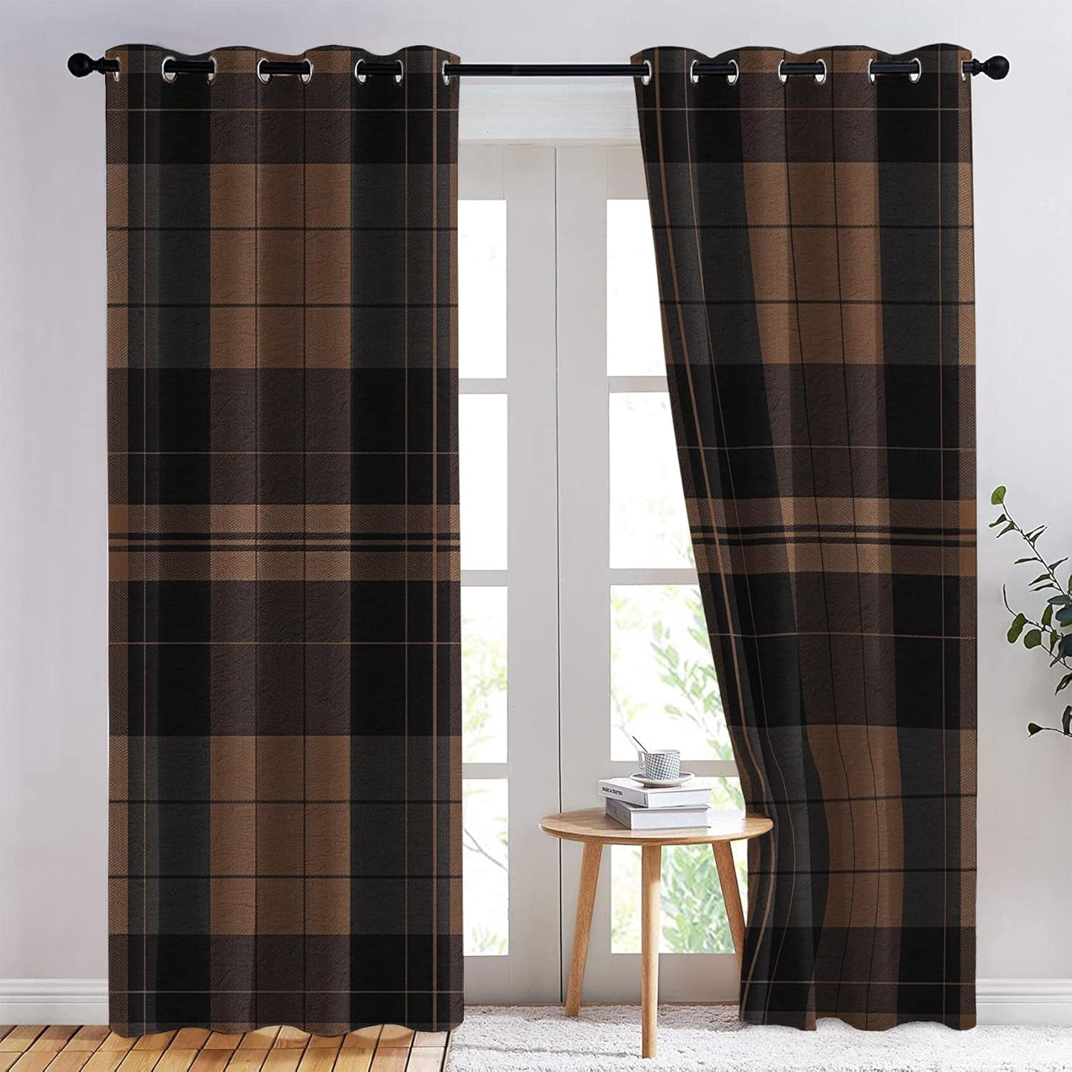 Scottish Tartan Curtains for Bedroom, Brown Plaid Blackout Curtains for Living Room Country Gingham Decor Window Curtains,Grommet Drapes 2 Panels Set-52"W x 96"L (Pack of 2)