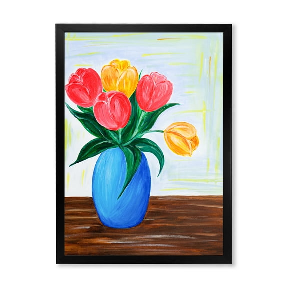 Designart 'Bouquet Of Orange and Red Tulips In A Vase' Traditional Framed Art Print