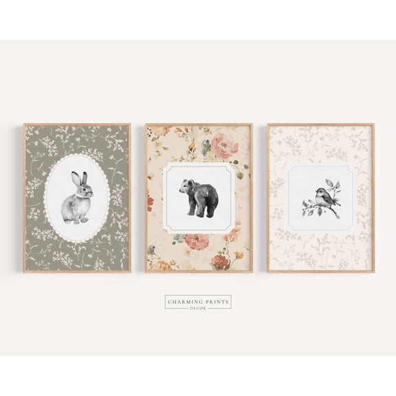 UNFFRAMED Woodland Animal Nursery Art Vintage Bunny Nursery Bear Wall Art Cottagecore Nursery Floral Baby Room Neutral Floral Nursery Set Of 3 Wwp4- Set 3 Prints 8x12